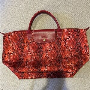 Longchamp Red Snake Print Tote Bag